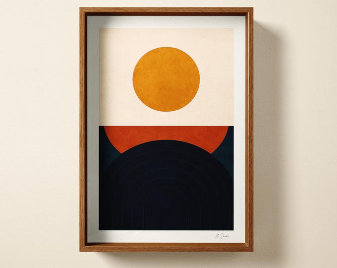 Abstract Sunset Art Print: Ochre, Navy, Bauhaus, Hand Printed Wall Decor