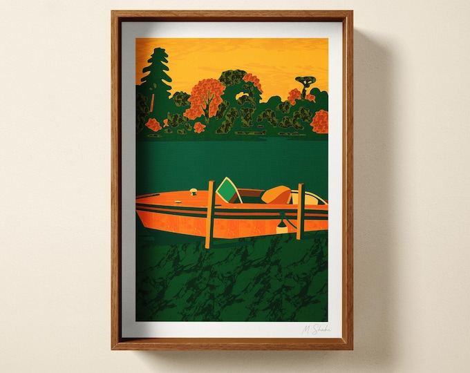 Abstract Boat and Landscape Wall Art: Vintage Boat Hand Printed Wall Art, Ochre Decor