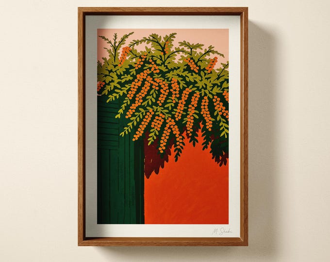 Terracotta Botanical Garden Art Print: Hand Printed Wall Art, Mid Century Home Decor