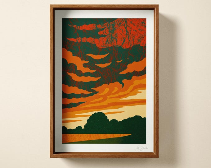 Retro Sunset Art Print: Hand Printed Wall Art, Mid-Century Modern Wall Decor
