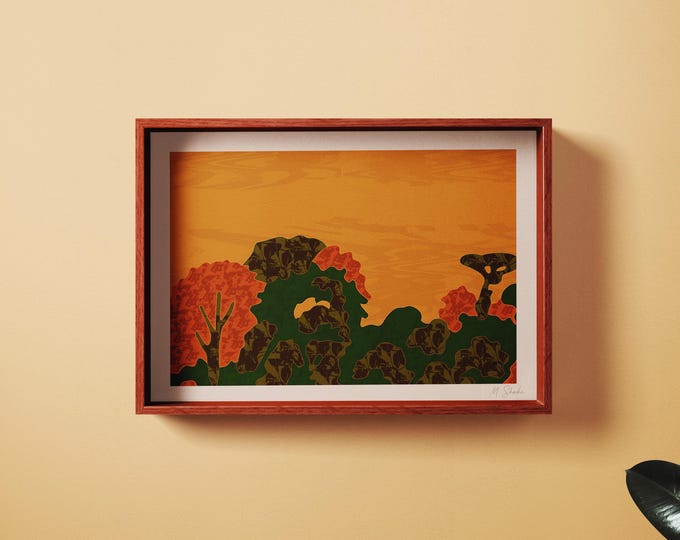 Abstract Landscape Art Print: Hand Printed Wall Art, Mid Century Ochre Decor