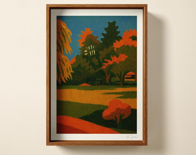 Autumn Landscape Art Print: 70s Retro, Mid Century Modern, Hand Printed Wall Art