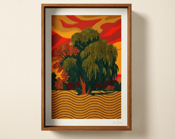 Abstract Willow Tree Art Print: Hand Printed Wall Art, Mid Century Modern Sunset Home Decor