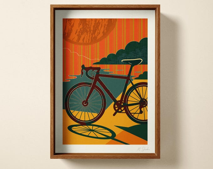 Cycling At Sunset Abstract Art Print: Hand Printed Wall Art, Cyclist Gift Ideas