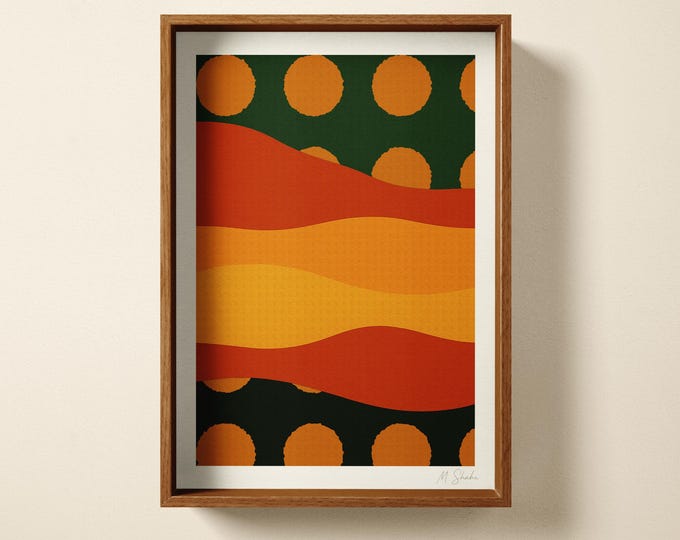 Abstract Geometric Wall Art Print Framed Or Unframed: Ochre Rust Circle Shapes, Mid Century Modern Poster, Warm Retro Living Room Decor