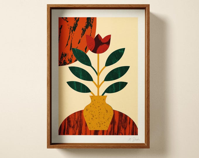 Botanical Flower Abstract Art Print: Hand Printed Wall Art, Minimalist Home Decor