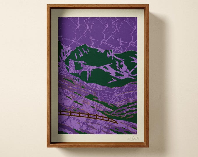 Abstract Mountain Art Print: Textured Violet, Purple Alpine Landscape Home Decor