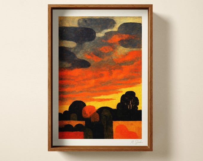 Mid-Century Modern Sunset Art Print: Hand Printed Wall Art, Abstract Fire Dusk Home Decor