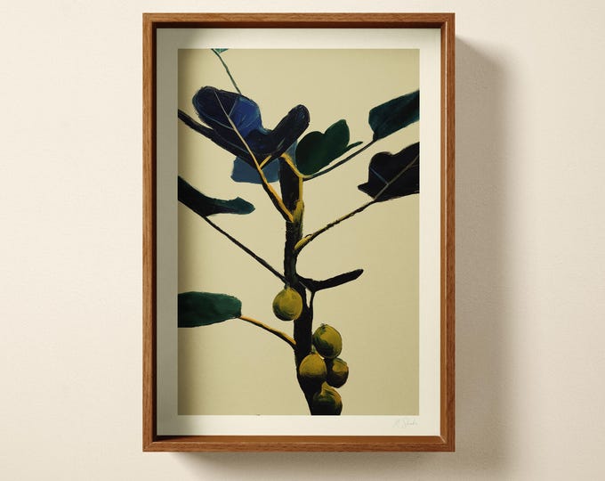 Botanical Fig Tree Art Print: Hand Printed Wall Art, Navy Blue, Minimalist Home Decor