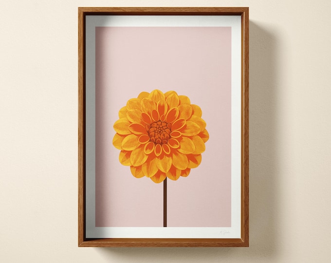 Orange Dahlia, Botanical Art Print: Minimalist Hand Printed Floral Wall Decor