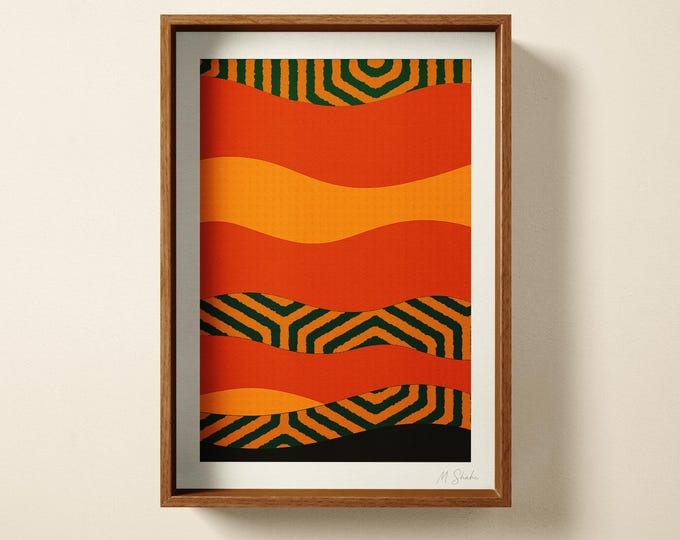 Abstract Geometric Art Print: Hand Printed Wall Art, 70s Retro Rust Orange Home Decor