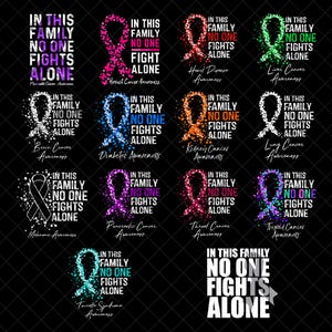 Könnte beinhalten: Eine Sammlung von zwölf Grafikdesigns mit Awareness-Schleifen in verschiedenen Farben und Spritzmustern. Jedes Design enthält den Text In This Family No One Fights Alone sowie spezifische Bezeichnungen für medizinische Zustände in Weiß.
