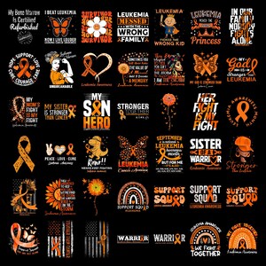 Könnte beinhalten: Eine Sammlung von orangefarbenen Grafiken zur Leukämie-Aufklärung auf schwarzem Hintergrund, mit Schleifen, Schmetterlingen, Sonnenblumen, Regenbögen und inspirierenden Texten wie My Bone Marrow Is Certified Refurbished und Support Squad.