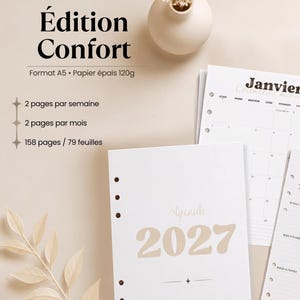 Peut inclure: Un agenda 2027 au format A5 avec du papier épais de 120g, 158 pages et 79 feuilles. La couverture porte le texte 'Agenda 2027' et 'Planya'. L'intérieur présente des mises en page hebdomadaires et mensuelles, avec 'Janvier' visible.