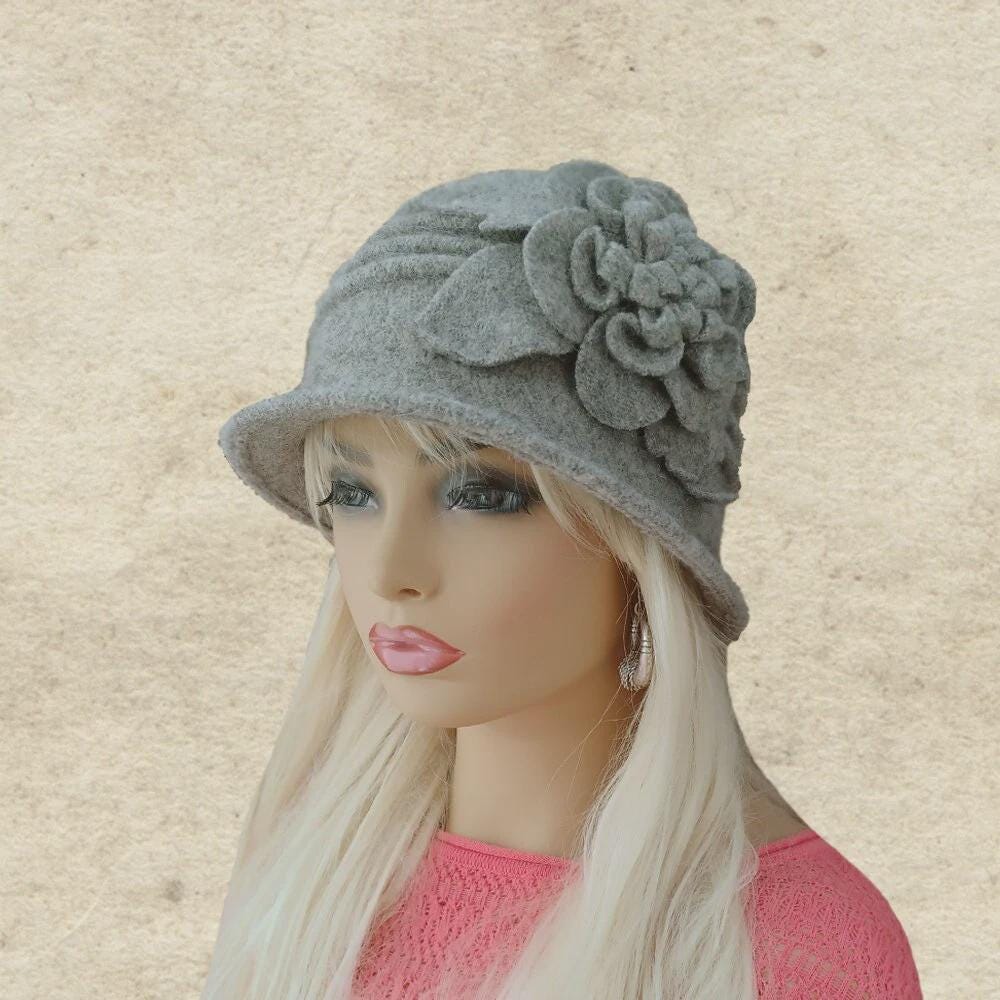 Hand Felted Wool Cloche Hat Regine’s Holiday Valley Fibers Artisan Gray Winter Handmade Grey Felted Cloche Hat: 1920s Style With Rose - Etsy main image 2