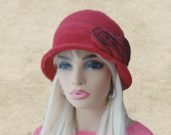 Red Wool Felt Cloche Hat – Women’s Vintage 1920s Style Winter Hat with Flower