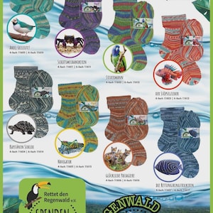 Könnte beinhalten: Werbebild mit verschiedenen Paaren von Opal-Socken, jeweils mit einzigartigen Farbmustern und Designs. Das Bild enthält deutschen Text und Illustrationen von Tieren wie Vögeln und Fischen. Die Socken werden mit den dazugehörigen Wollknäueln präsentiert.