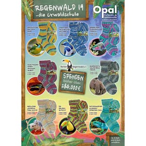 Könnte beinhalten: Werbung für Opal-Socken und -Wolle mit verschiedenen Sockenmustern mit farbenfrohen Mustern und Tierillustrationen. Der Text enthält "REGENWALD 19 - die Urwaldschule" und "SPENDEN bisher über 284.000 €".
