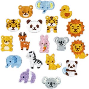 Könnte beinhalten: Eine Sammlung gestickter Aufbügler mit verschiedenen Tieren, darunter ein Bär, Elefant, Ente, Tiger, Panda, Löwe, Reh, Hase, Koala, Zebra, Fuchs und ein violetter Elefant, alle in leuchtenden Farben und mit jeweils individuellen Formen.