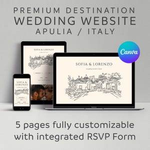 Può includere: Un design di sito web di matrimonio digitale visualizzato su un laptop, un tablet e uno smartphone. Il sito web presenta uno schizzo di un edificio e i nomi "SOFIA & LORENZO". Il testo recita "PREMIUM DESTINATION WEDDING WEBSITE APULIA / ITALY" e "5 pagine completamente personalizzabili con modulo RSVP integrato."