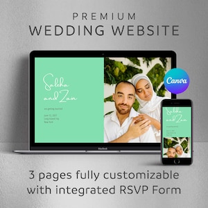 Può includere: Un laptop e uno smartphone mostrano il design di un sito web di matrimonio. Il sito web presenta una foto di una coppia, con i nomi "Saleha e Zain" in elegante scrittura. Il testo "si sposano" e la data del matrimonio sono anch'essi visibili. L'immagine include anche il testo "3 pagine completamente personalizzabili con modulo RSVP integrato."