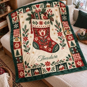 May include: A cream-colored throw blanket featuring a large red Christmas stocking filled with greenery, a candy cane, and a bird. The blanket has a border of red and green squares with holiday motifs and the name Theodore in script.