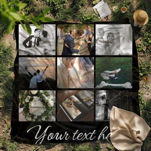 Może przedstawiać: Czarny koc z kolażem zdjęć ślubnych. Koc zawiera zdjęcia par, bukietów i otwartego albumu ze zdjęciami. Słowa "Your text here" są napisane białym skryptem na dole.