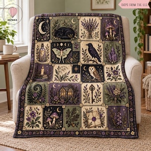 May include: A woven throw blanket featuring a grid of square illustrations in shades of purple, green, and cream. The pattern includes a sleeping cat, a moth, a raven, an owl, mushrooms, lavender, crystals, a key, a greenhouse, and a wax-sealed letter.