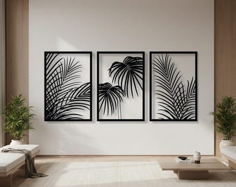 Tropical Leaf Metal Wall Art - Minimalist Botanical 3-Panel Decor