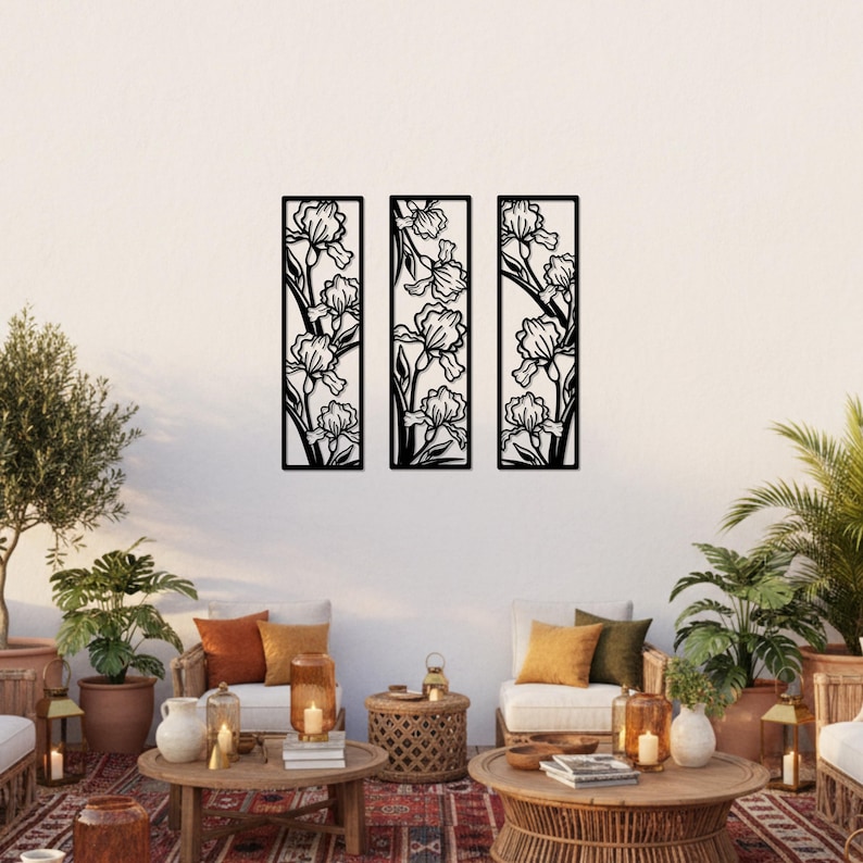 Set of three handmade black metal wall panels featuring elegant floral line art. Shown in modern boho interiors and minimalist kitchens. Perfect for living rooms, bedrooms, or offices. A stylish, nature-inspired wall sculpture that brings balance and sophistication to your home décor.
