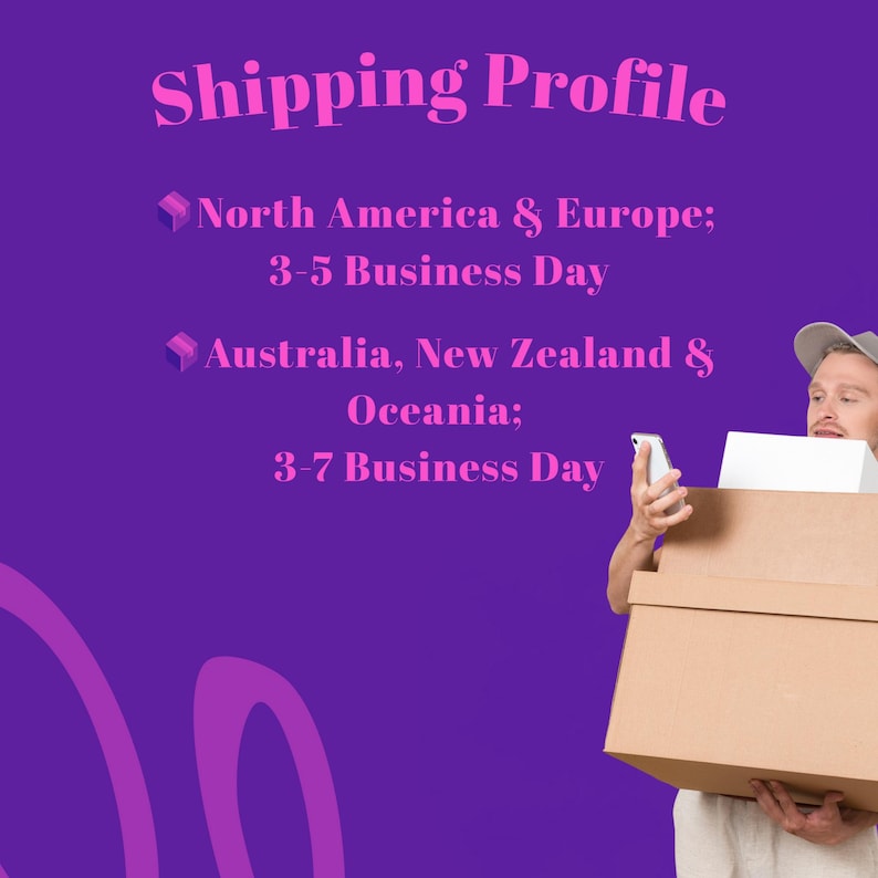 May include: A purple background with the text "Shipping Profile" in pink. Below, text indicates shipping times for North America & Europe and Australia, New Zealand & Oceania. A person holds a box and a phone.