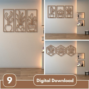 May include: Wooden wall art with botanical designs. The image shows three rectangular frames with plant silhouettes, and two other sets of three plant designs in hexagonal frames. The text "Digital Download" is visible.