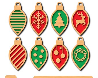 Pacchetto SVG di ornamenti natalizi a strati con lampadine / File di taglio laser 3D per Glowforge Cricut / Decorazione natalizia con fiocco di neve e renna