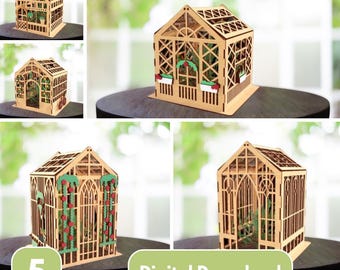 Kasmodel SVG, lasergesneden tuinhuissjabloon, 3D houten miniatuur SVG-bestand, Glowforge en CNC digitale download, decoratief tuincadeau