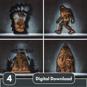 May include: Four laser-cut wooden designs featuring cryptids and UFOs. The designs include a Bigfoot, a UFO over mountains, a bear claw with a Bigfoot scene, and a fishing scene. The words "Digital Download" are at the bottom.