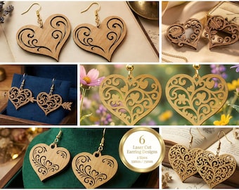 Pacote de arquivos SVG para brincos de coração, brincos de coração cortados a laser em SVG, brincos de amor para o Dia dos Namorados, arquivos para joias de madeira para Glowforge e Cricut, brincos de coração.