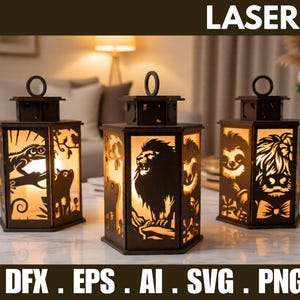 May include: Three laser-cut lanterns with animal silhouettes: a frog, a lion, and a sloth. The lanterns are dark brown with a warm glow from the light inside. The text "3D LASER CUT" is at the top, and "DFX . EPS . AI . SVG . PNG" is at the bottom.