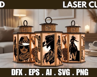Pakiet svg z wycinaną laserowo latarnią kowbojki 3d, pliki świetlne z cieniem kowboja w stylu western, dekoracje rodeo dxf eps ai png cricut glowforge