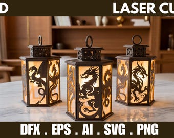 Dragon Lantern SVG | Fantasy Dragon Light Box Shadow Lantern 3D Paper Cut Laser CNC File | Gothic Home Decor