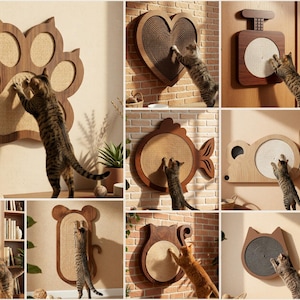 Può includere: Una collezione di dieci tiragraffi da parete per gatti in varie forme, tra cui una zampa, un cuore, un pesce e un topo. I design presentano cornici in legno con superfici in sisal testurizzato. Il testo include 10 DESIGN, DIGITAL DOWNLOAD, LASER CUT READY FILES, CDR, PNG, SVG, PDF, EPS, DFX e NOORE.