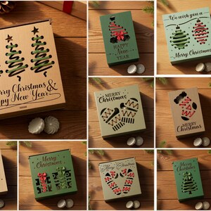 May include: A collection of ten laser-cut wooden box designs featuring holiday themes like Christmas trees, mittens, stockings, and gifts. Each box displays festive text such as Merry Christmas and Happy New Year, provided as digital files in CDR, PNG, SVG, PDF, EPS, and DFX formats.