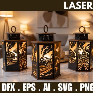 May include: Three laser-cut, black lanterns with train designs, each with a handle and a geometric shape. The lanterns are illuminated from within, creating a warm glow. The text "3D LASER CUT" is at the top, and "DFX . EPS . AI . SVG . PNG" is at the bottom.