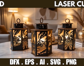 Paquete de archivos SVG de linternas de tren 3D, caja de luz de locomotora vintage, lámpara de tren de vapor en formato DXF, EPS, AI y PNG para Glowforge.