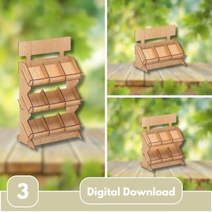 Könnte beinhalten: Dreistufiger Holzständer mit rechteckigem Schild oben. Jede Ebene hat drei Fächer. Der Ständer ist aus hellfarbenem Holz gefertigt. Das Bild enthält auch den Text "Digital Download".