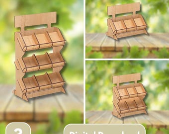 May include: Three-tiered wooden display stand with a rectangular sign at the top. Each tier has three compartments. The stand is made of light-colored wood. The image also includes the text "Digital Download".