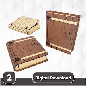 Può includere: Tre scatole di legno a forma di libro con coperchi incernierati e dettagli metallici. Una scatola è aperta, rivelando l'interno. Le scatole sono marroni e beige, con una texture di venature del legno. Include il testo "Digital Download".