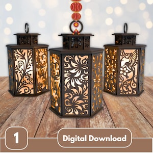 May include: Three dark brown hexagonal lanterns with intricate floral and bird cutouts. The lanterns are lit from within, creating a warm glow. The image includes the text "1" and "Digital Download" in a brown rectangle.