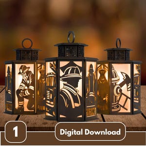 May include: Three black metal lanterns with cut-out firefighter silhouettes and equipment. Each lantern has a handle and a warm, glowing interior. The lanterns are displayed on a wooden surface. The image includes the text "Digital Download".