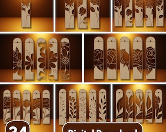 Floral Bookmark SVG Bundle, Laser Cut Bookmark Templates, 34 Flower Design SVG Files for Glowforge & Cricut, Wooden Bookmark Engraving