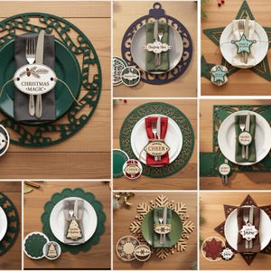 May include: A collection of ten laser-cut digital design files for holiday table settings, including intricate placemats, coasters, and napkin rings with festive text like Christmas Magic, Cheer, and Peace. Includes CDR, PNG, SVG, PDF, EPS, and DFX formats.